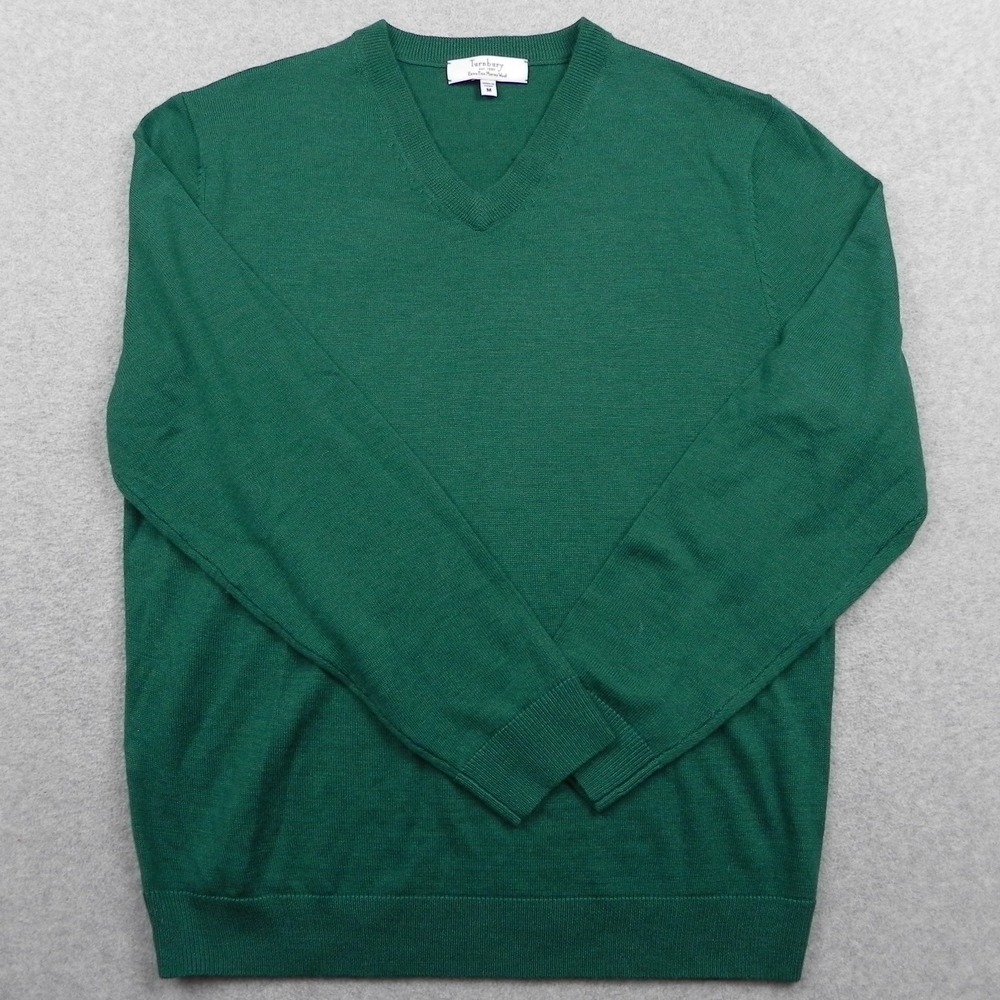 Turnbury Sweater Mens Medium Regular V-Neck Green Solid Merino Wool Pullover